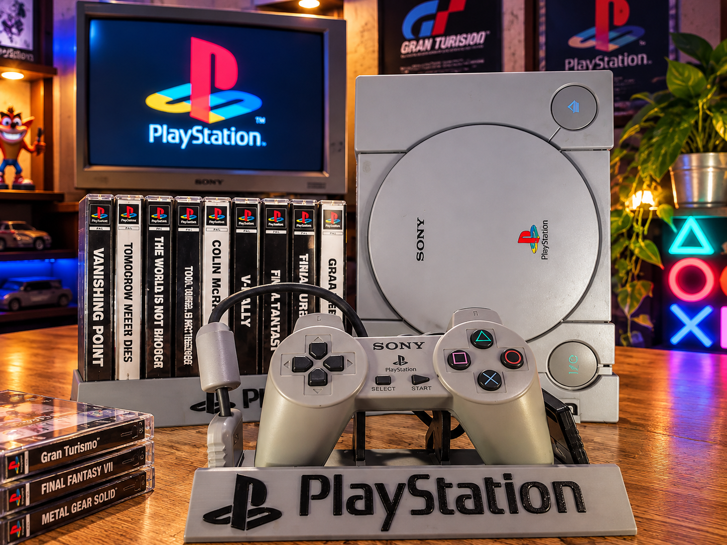 Conjunto de suportes para consola, comando e jogos PS1