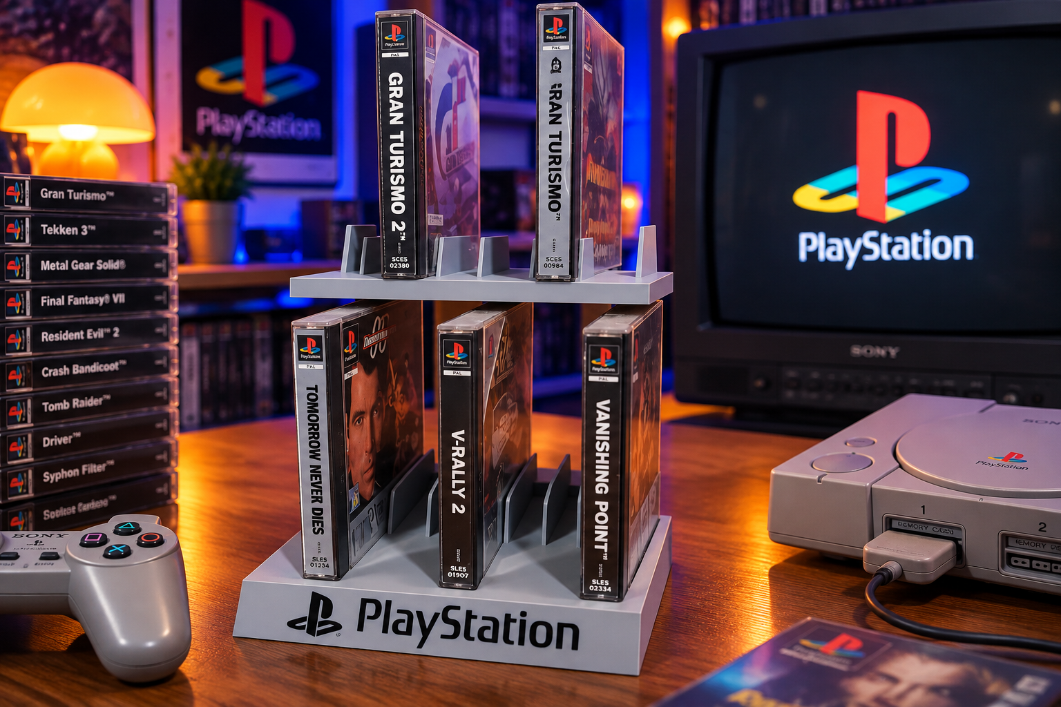 Organizer de jogos PS1 com capacidade para 18 jogos, incluindo duas caixas duplas