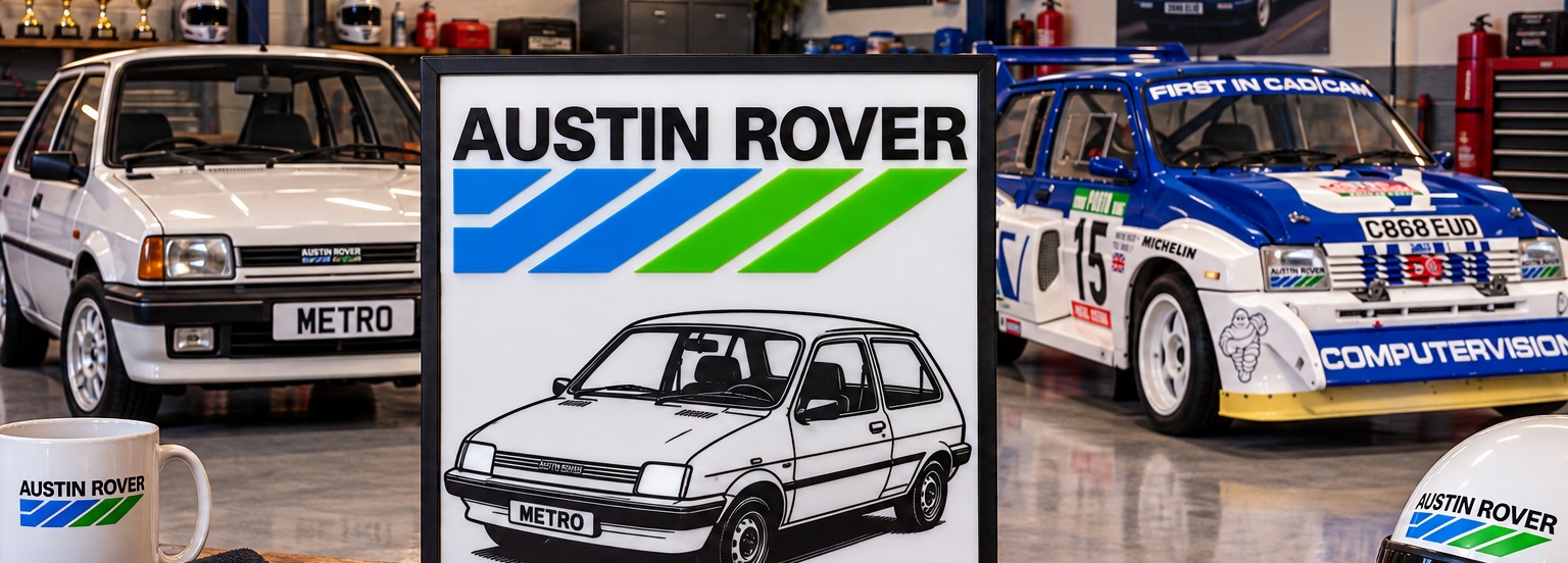 Luminária Austin Rover Metro apresentada numa garagem com o carro clássico e a versão de ralis