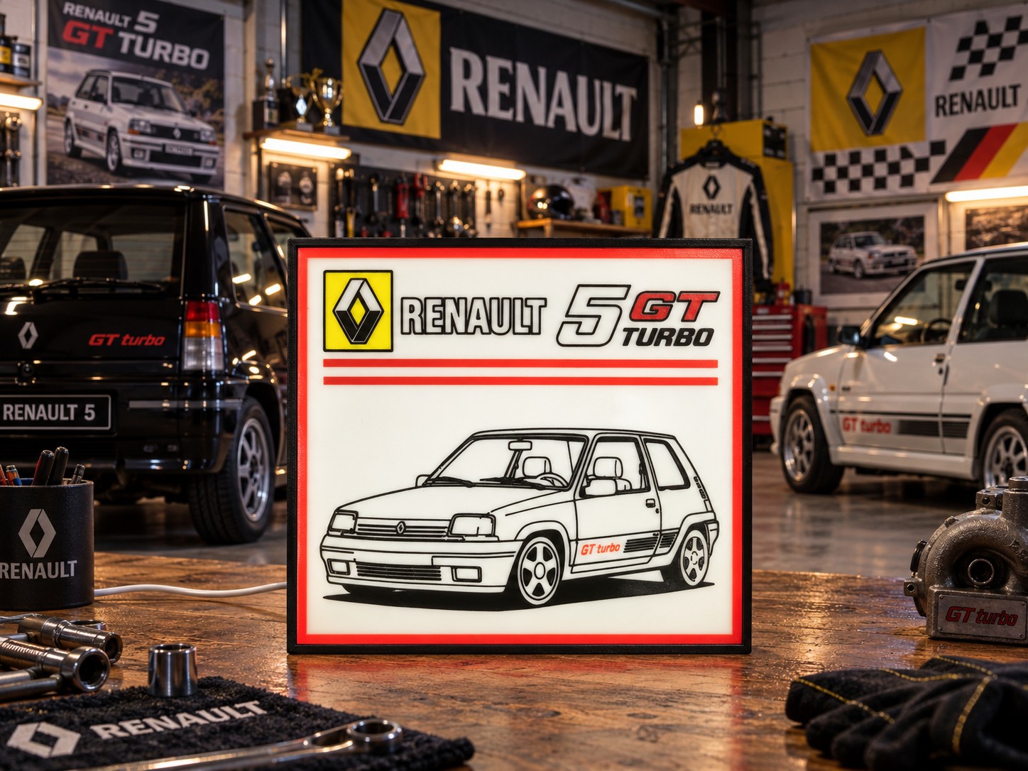 Luminária Renault 5 GT Turbo numa garagem
